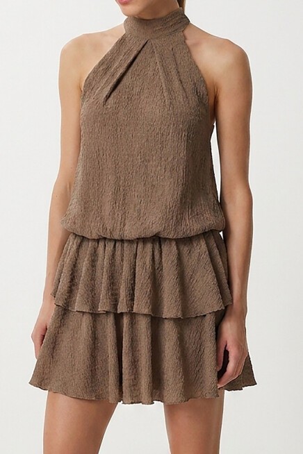 Halter Yaka Katlı Mini Krinkıl Örme Elbise VİZON LFW0022