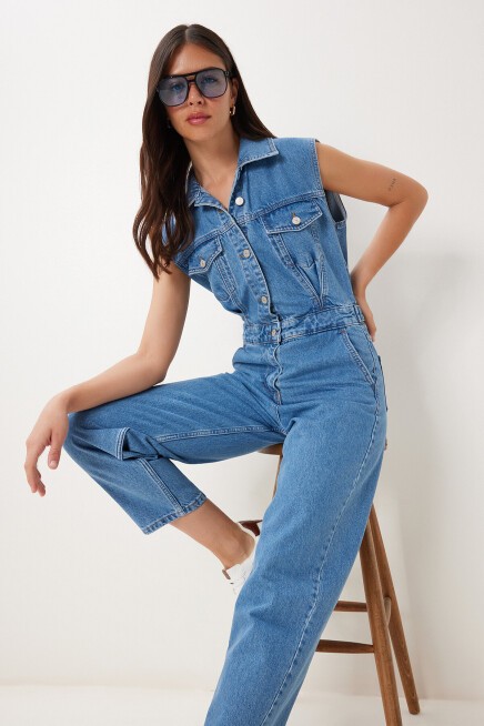 Kapaklı Cepli Denim Tulum AÇIK MAVİ LVW0005