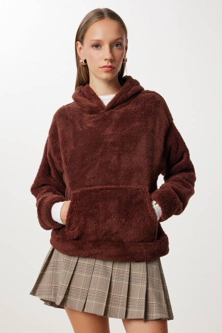 Kapüşonlu Cepli Peluş Sweatshirt KAHVERENGİ LZV0020