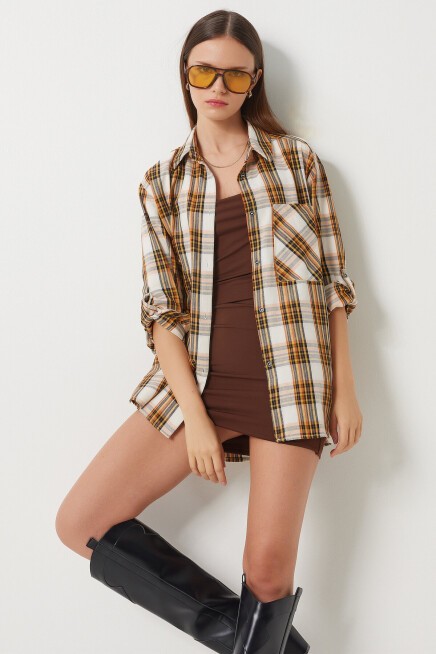 Kareli Oversize Dokuma Gömlek EKRU SARI LXR0004