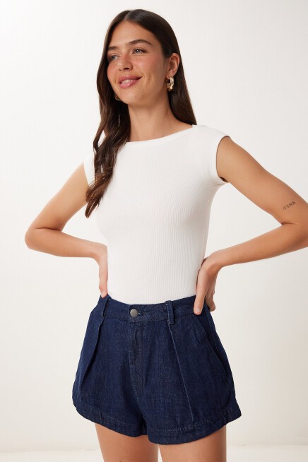 Kayık Yaka Esnek Fitilli Örme Bluz EKRU LUS0154
