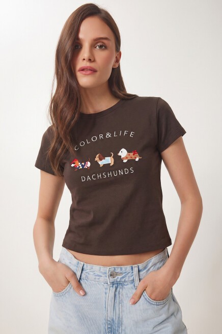 Nakış İşlemeli Pamuklu Örme T-shirt KAHVERENGİ LCR0127