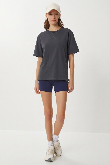 Oversize Basic Pamuklu Örme T-shirt FÜME LZE0005