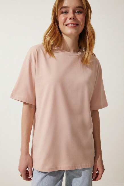 Oversize Basic Pamuklu Örme T-shirt PEMBE LZE0004