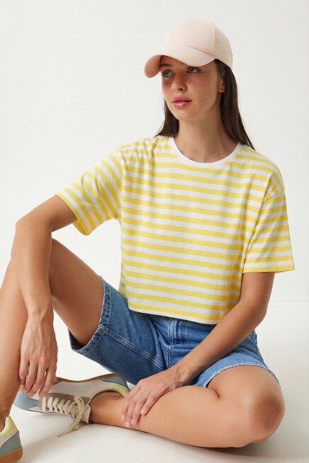 Oversize Çizgili Pamuklu Örme T-shirt SARI BEYAZ LZE0001