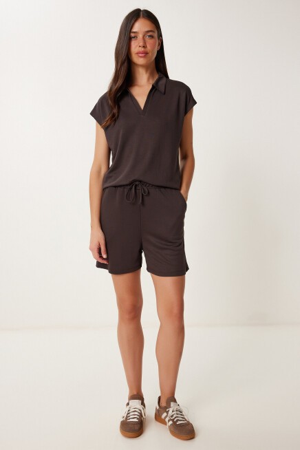 Polo Yaka Basic Örme Şort Takım KAHVERENGİ LUS0159