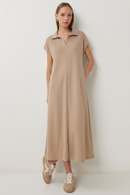 Polo Yaka Cepli Örme Elbise BEJ LDZ0038
