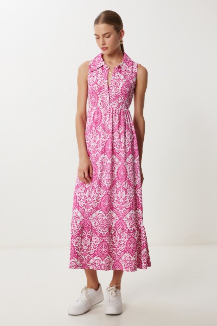 Polo Yaka Desenli Krinkıl Elbise PEMBE EKRU LZV0022