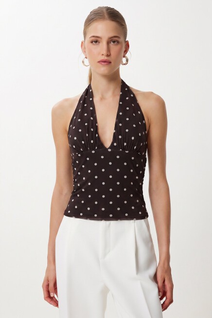 Puantiye Desenli Crop Tül Bluz KAHVERENGİ LFW0023