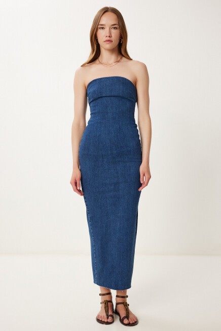 Straplez Midi Denim Elbise KOYU MAVİ LYZ0002