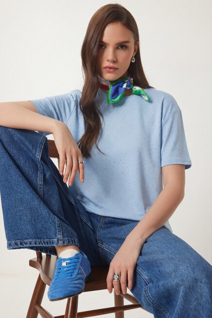 Taş Detaylı Örme T-shirt GÖK MAVİ LZV0059