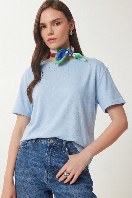 Taş Detaylı Örme T-shirt GÖK MAVİ LZV0059