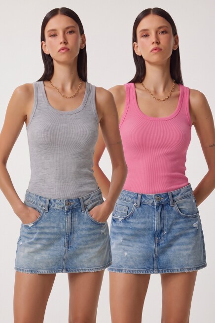 2li Fitilli Kalın Askılı Örme Atlet PEMBE GRİ LHJ0002