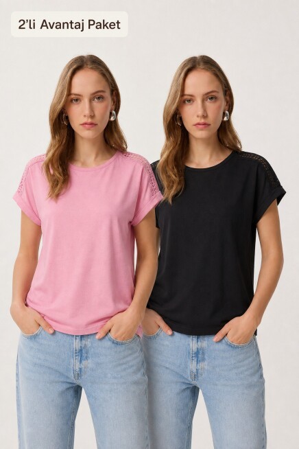 2’li Paket Güpür Detaylı Viskon T-shirt SİYAH PEMBE LRN0067