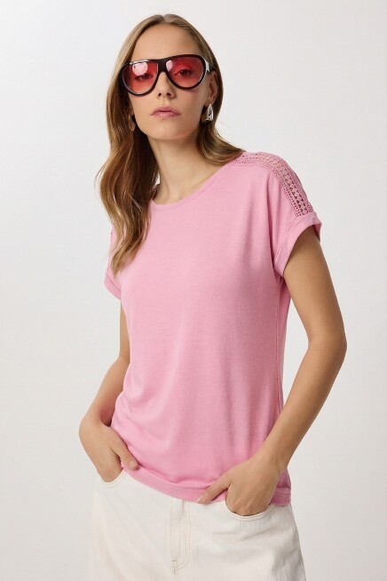 2’li Paket Güpür Detaylı Viskon T-shirt SİYAH PEMBE LRN0067