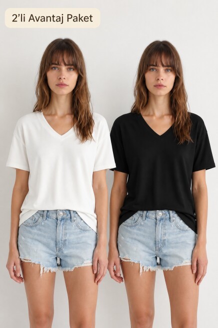 2’li Paket V Yaka Oversize Örme T-shirt SİYAH EKRU LZV0085