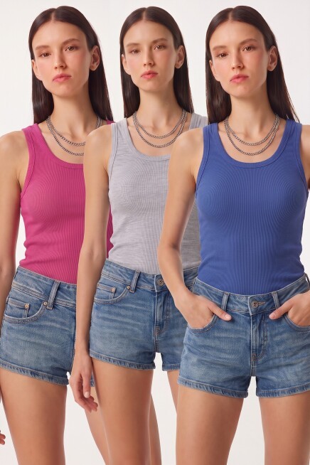 3lü Fitilli Kalın Askılı Örme Atlet KOYU MAVİ KOYU PEMBE GRİ LRN0060