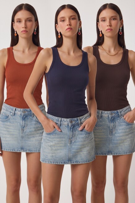 3lü Fitilli Kalın Askılı Örme Atlet LACİVERT KİREMİT KAHVERENGİ LRN0060