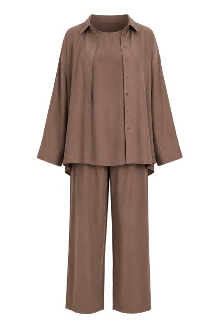 3’lü Gömlek Bluz Pantolon Gabardin Takım VİZON LBY0071