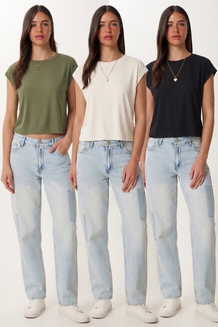 3’lü Paket Basic Viskon T-shirt SİYAH HAKİ EKRU LRN0044