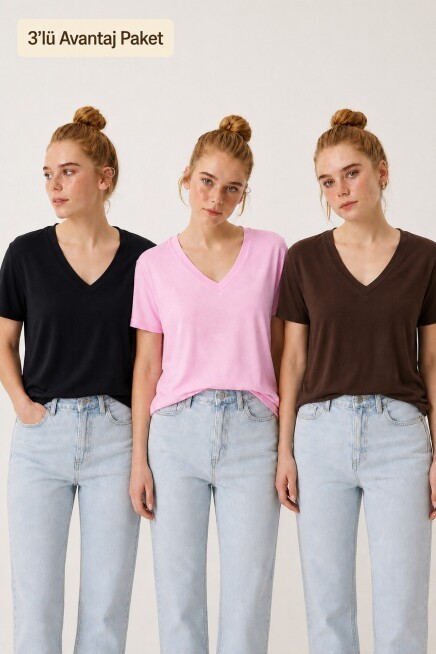 3’lü Paket V Yaka Basic Viskon T-shirt SİYAH PEMBE KAHVERENGİ LRN0069