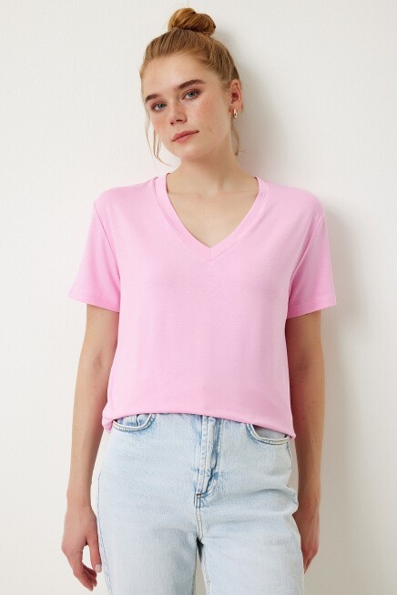 3’lü Paket V Yaka Basic Viskon T-shirt SİYAH PEMBE KAHVERENGİ LRN0069
