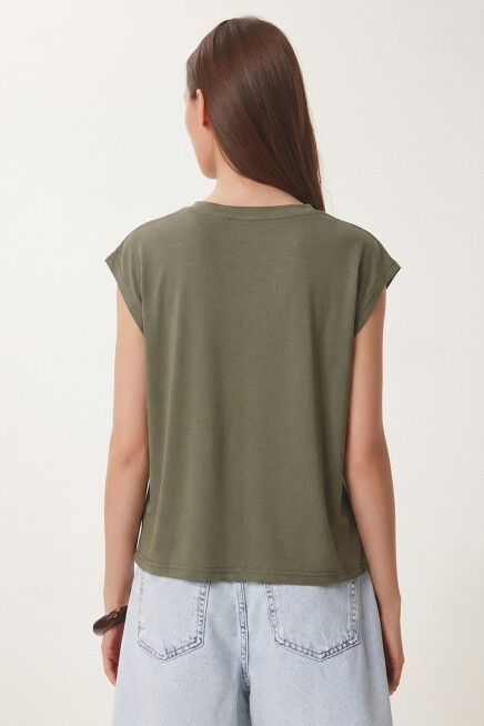 Basic Dökümlü Viskon T-shirt HAKİ LRN0054