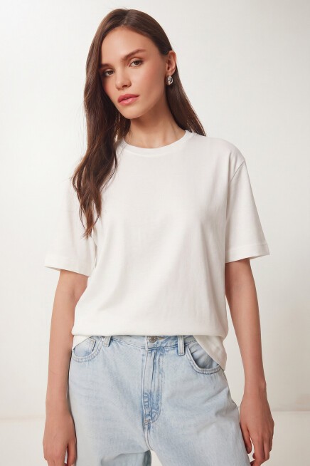 Basic Pamuklu Örme T-shirt EKRU LUS0094