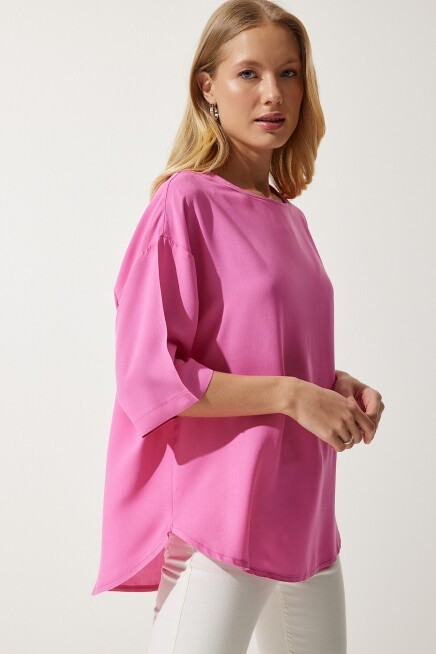Bisiklet Yaka Dökümlü Viskon Bluz PEMBE LRC0006