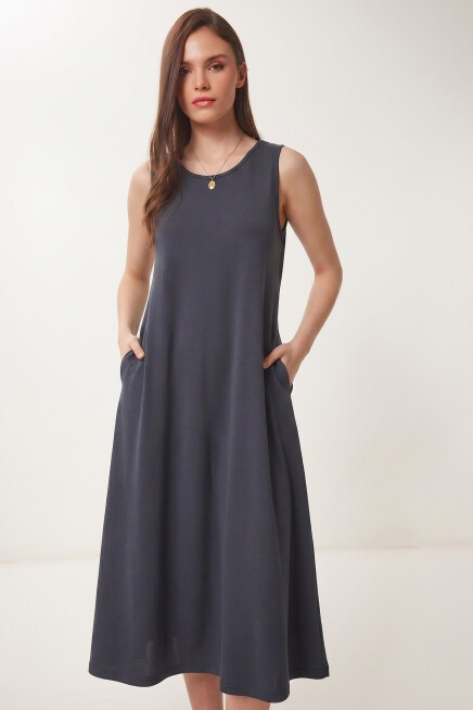 Cepli Yazlık Örme Elbise FÜME LRN0032