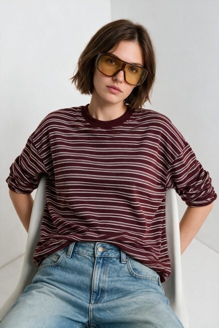 Çizgili Oversize Örme Sweatshirt BORDO BEYAZ LUB0395
