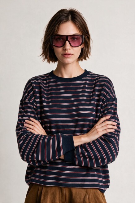 Çizgili Oversize Örme Sweatshirt LACİVERT BORDO LUB0395