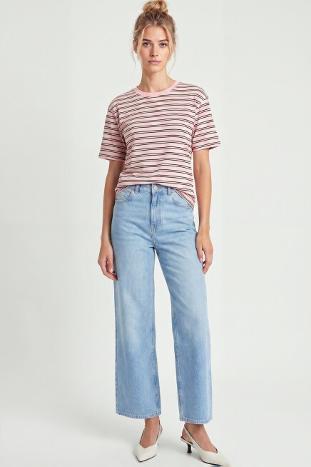 Çizgili Oversize Örme T-shirt ŞEKER PEMBE LCR0124