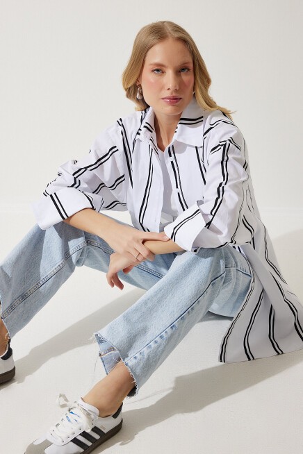 Çizgili Oversize Poplin Gömlek BEYAZ SİYAH LBP0023