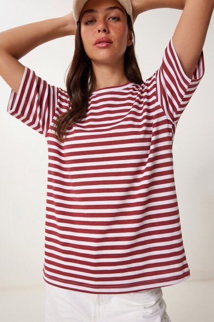 Çizgili Oversize Viskon T-shirt BORDO BEYAZ LRN0041