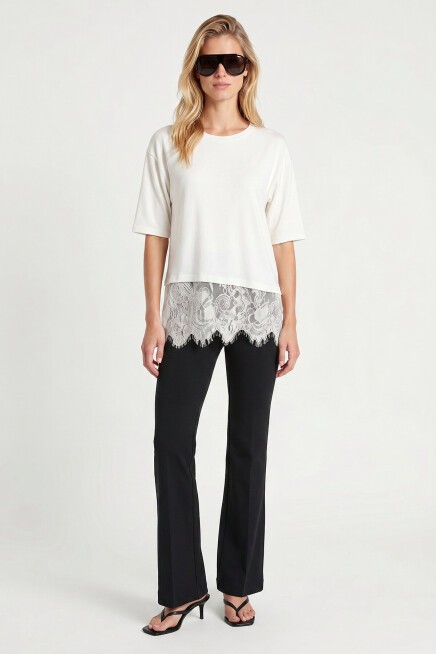 Dantel Detaylı Oversize Örme T-shirt EKRU LRN0056