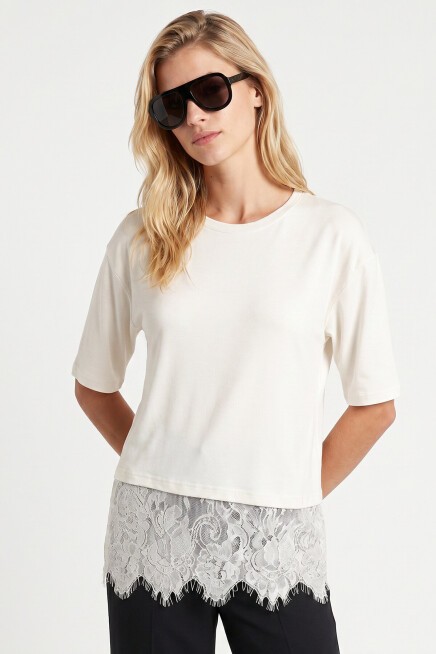 Dantel Detaylı Oversize Örme T-shirt EKRU LRN0056