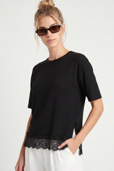 Dantelli Oversize Mevsimlik Triko Bluz SİYAH LYY0146