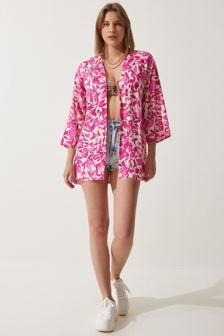 Desenli Viskon Kimono PEMBE EKRU LEN0004