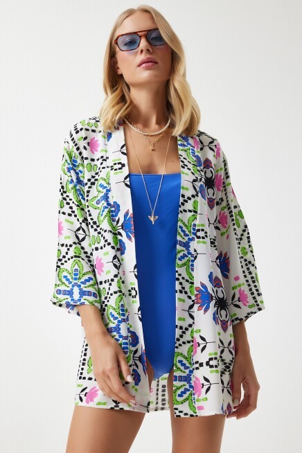 Desenli Viskon Kimono YEŞİL MAVİ LEN0004