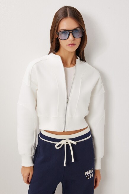 Fermuarlı Şardonlu Örme Sweatshirt EKRU LAN0085