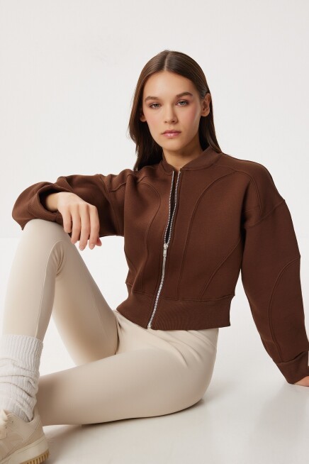 Fermuarlı Şardonlu Örme Sweatshirt KAHVERENGİ LAN0085