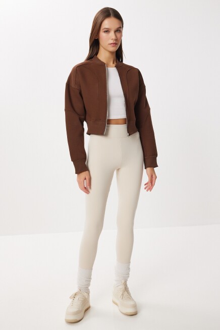 Fermuarlı Şardonlu Örme Sweatshirt KAHVERENGİ LAN0085