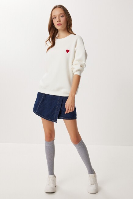 Kalp Nakışlı Şardonlu Örme Sweatshirt EKRU LAN0082