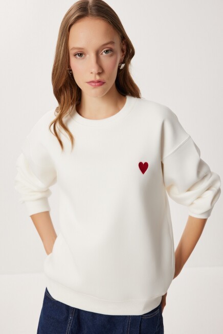 Kalp Nakışlı Şardonlu Örme Sweatshirt EKRU LAN0082