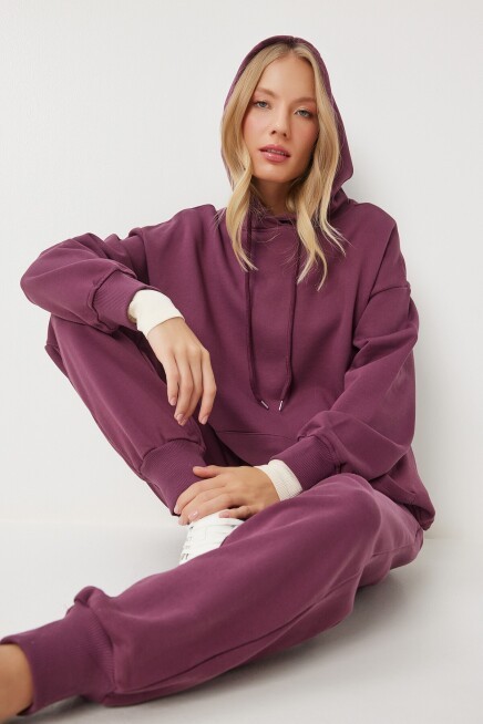Kapüşonlu Sweatshirt Jogger Oversize Örme Eşofman Takımı BORDO LPYS003