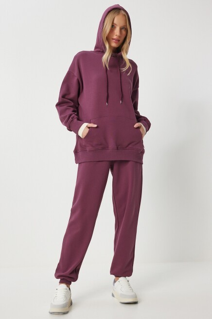 Kapüşonlu Sweatshirt Jogger Oversize Örme Eşofman Takımı BORDO LPYS003