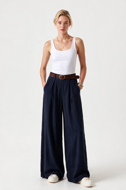 Kemerli Gabardin Etek Pantolon LACİVERT LBY0072