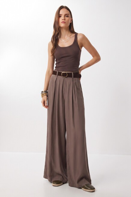 Kemerli Gabardin Etek Pantolon VİZON LBY0072