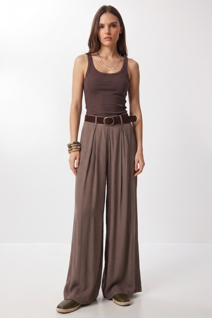 Kemerli Gabardin Etek Pantolon VİZON LBY0072